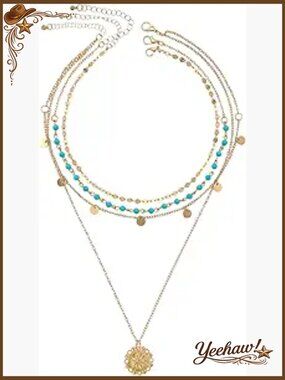 3-Layer Turquoise Bohemian Necklace Set Gold Coin Pendant Long Chain Layered